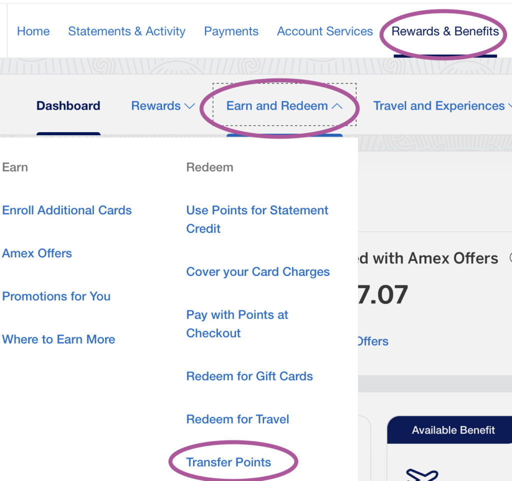 screenshot of how to transfer amex points to airline partners